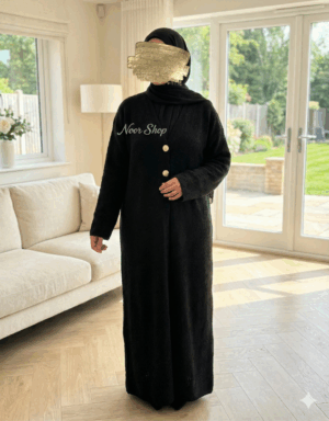 Elegante schwarze Long Abaya mit Goldknöpfen