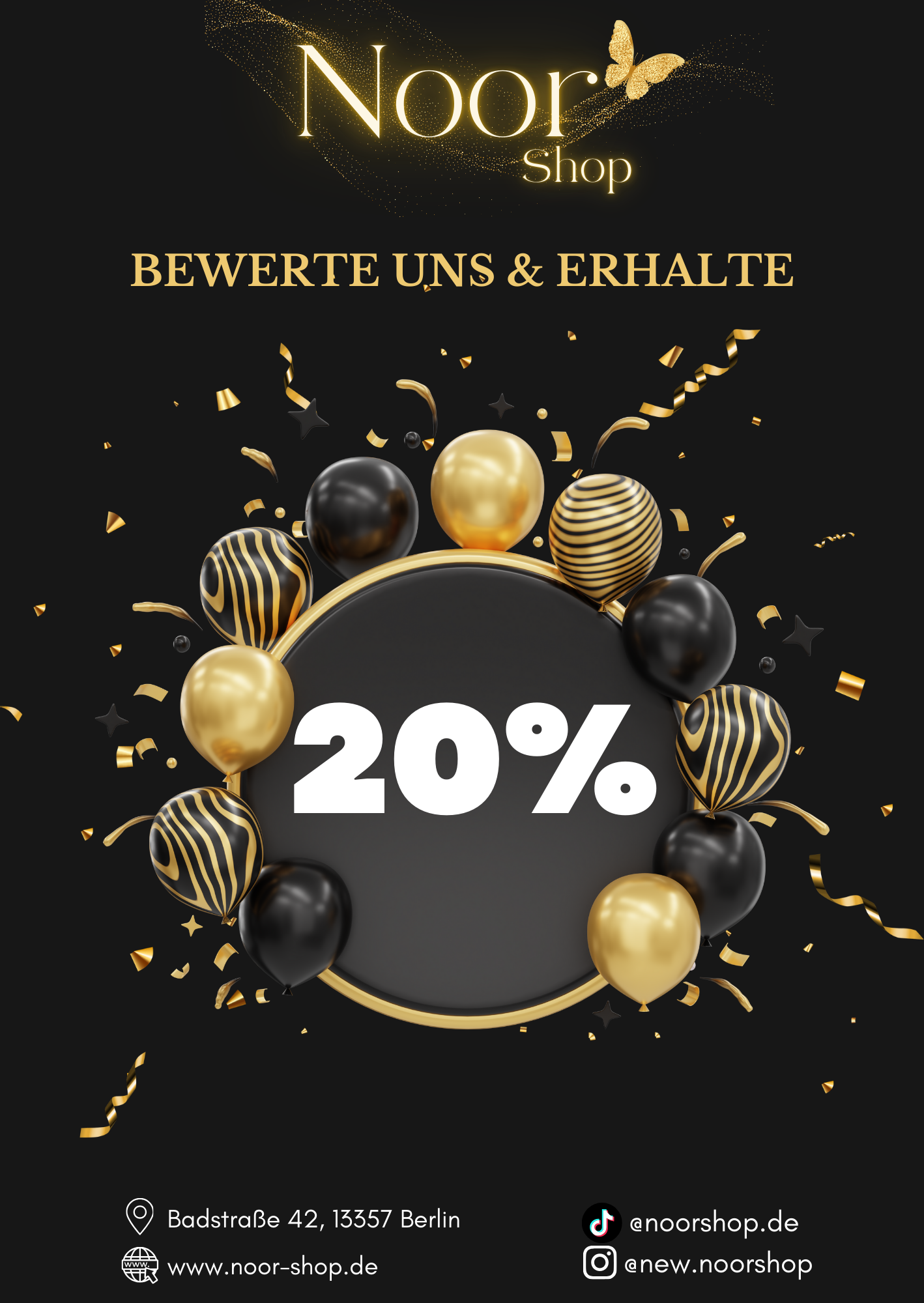Noor Shop Berlin – 20% Rabatt für Bewertung im Geschäft mit schwarzem und goldenem Design