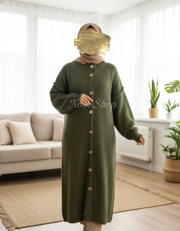 Langer Strick-Cardigan Abaya in Olivgrün
