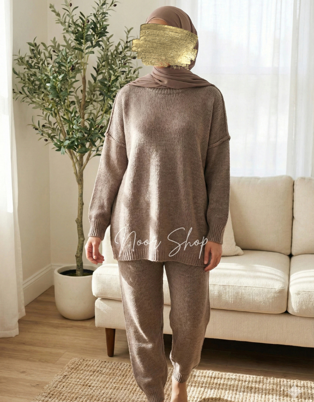 Bequemes braunes Strick-Zweiteiler-Set