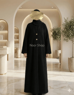 Schwarze Winter Abaya mit Goldknöpfen