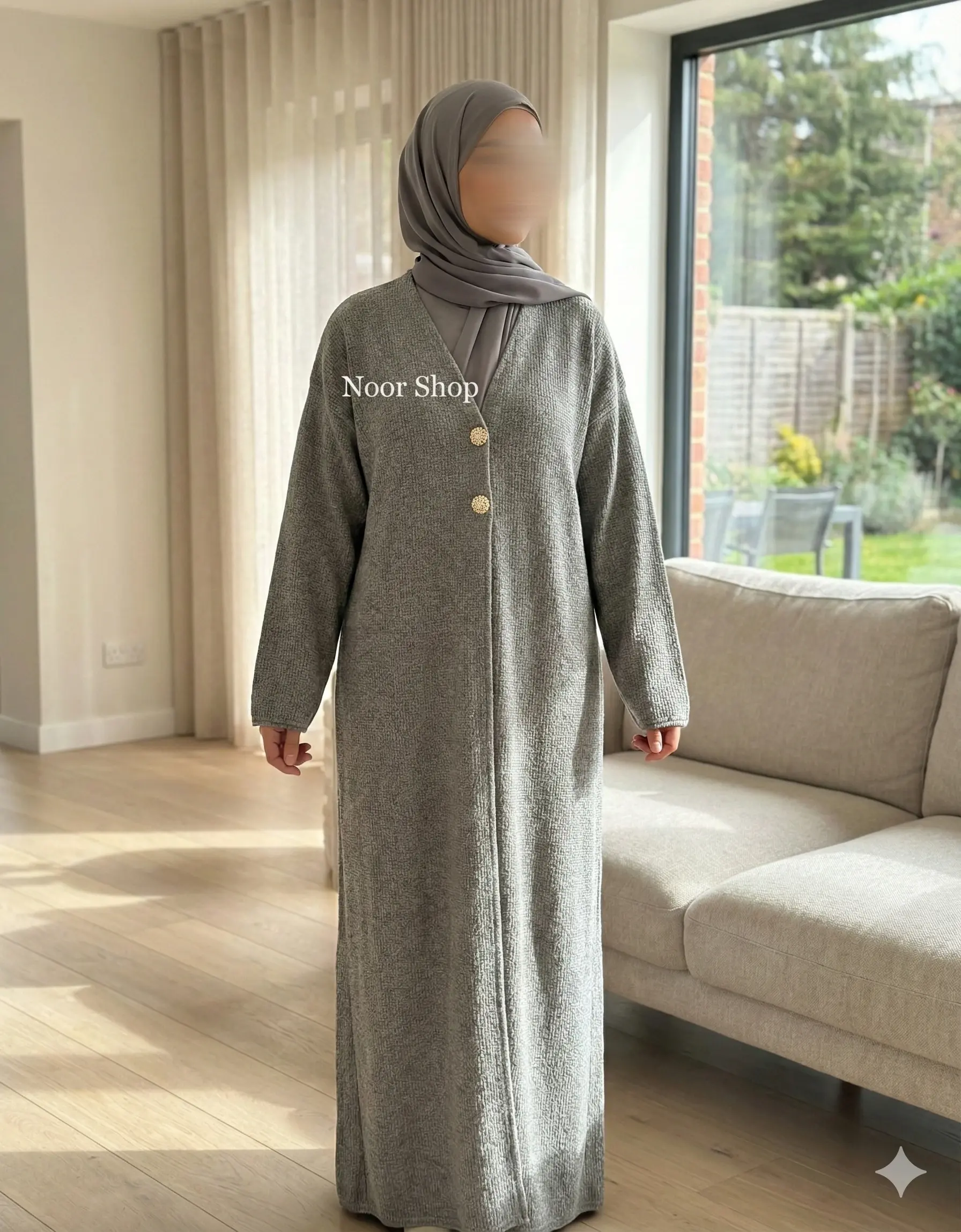 Elegante graue Strick-Abaya mit goldenen Knöpfen von Noor Shop, getragen von einer muslimischen Frau