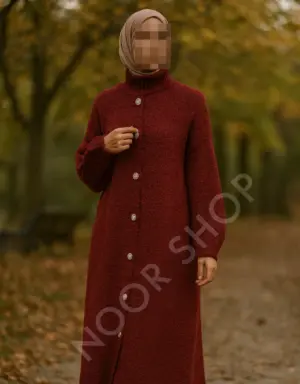 Langer bordeauxroter Strickcardigan für muslimische Frauen – warmer Maxi-Cardigan mit hohem Kragen