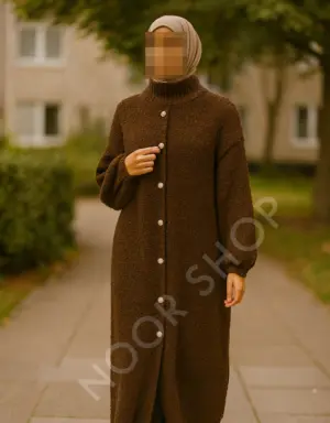 Langer brauner Strickcardigan für muslimische Frauen – warmer Maxi-Cardigan mit hohem Kragen