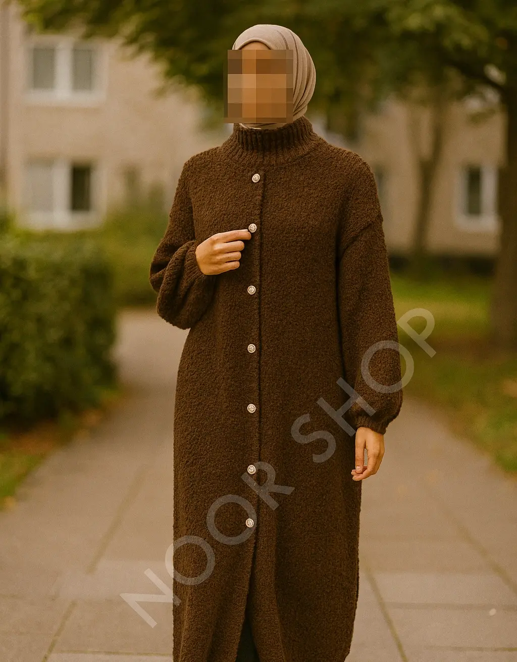 Langer brauner Strickcardigan für muslimische Frauen – warmer Maxi-Cardigan mit hohem Kragen