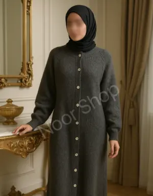 Langer grauer Strickcardigan für muslimische Frauen – eleganter Maxi-Cardigan mit Knopfleiste