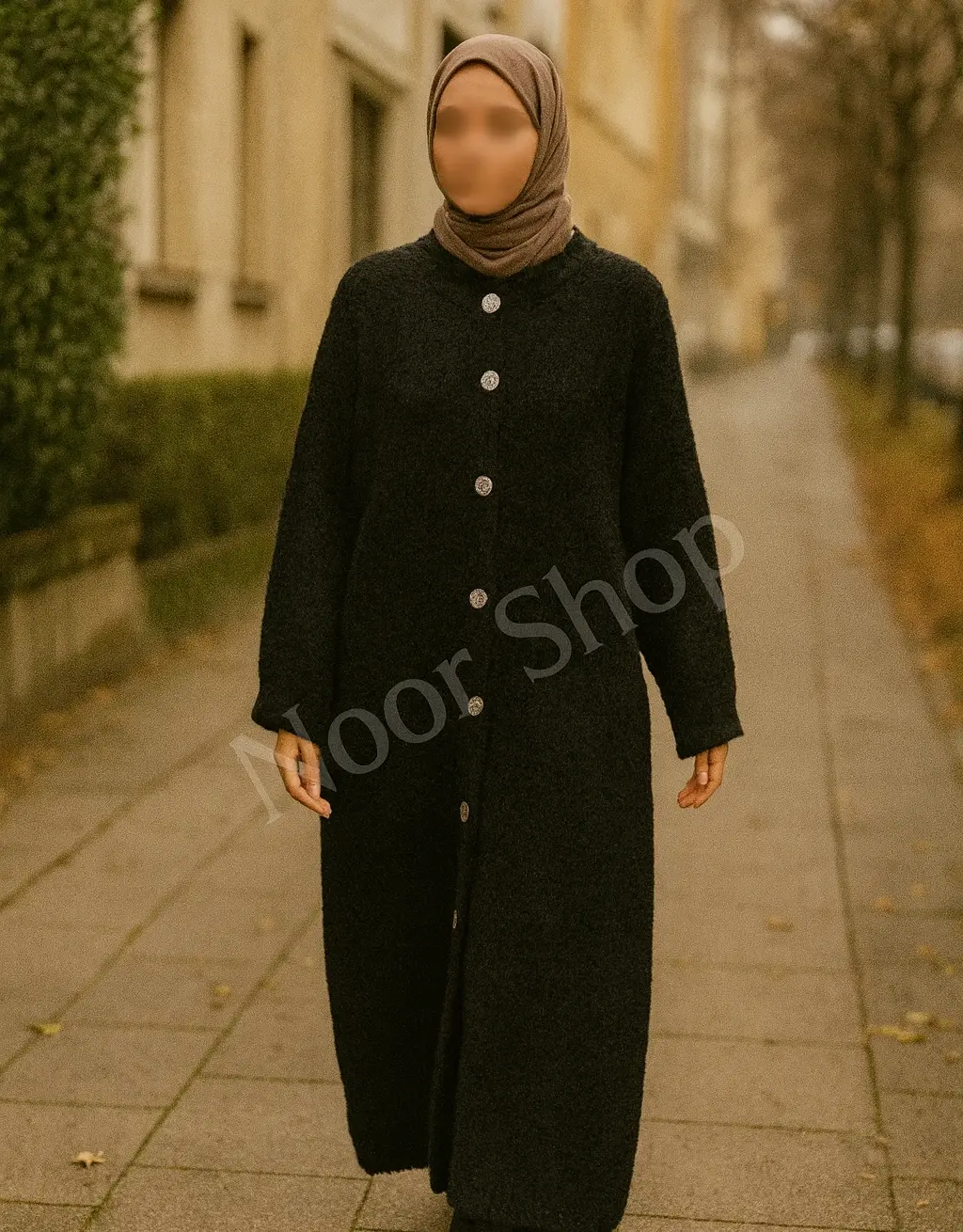 Modest schwarzer Wintermantel für muslimische Frauen – lange, elegante Abaya-Silhouette mit Hijab – Noor Shop
