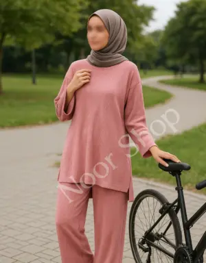 Altrosa Modest Lounge Set für muslimische Frauen – gerippter Zweiteiler mit Hijab