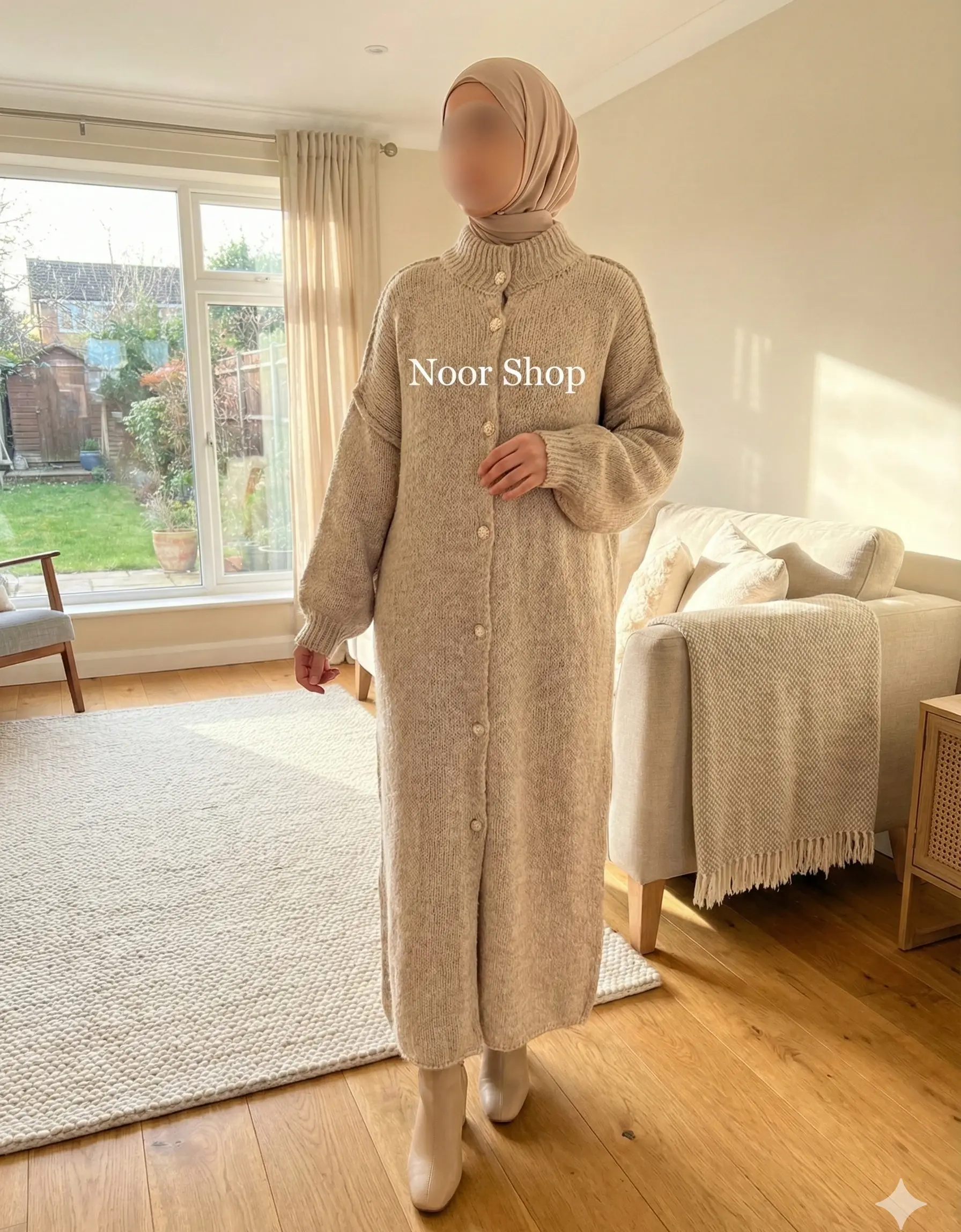 Muslima mit beigem Hijab trägt langes beigefarbenes Strickkleid mit Knopfleiste von Noor Shop in einem hellen Wohnzimmer