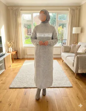 Modest Fashion graues langes Strickkleid mit Rollkragen für muslimische Frauen von Noor Shop