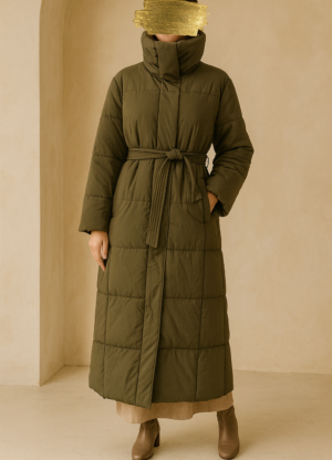 Eleganter Maxi-Wintermantel mit Gürtel KAKI