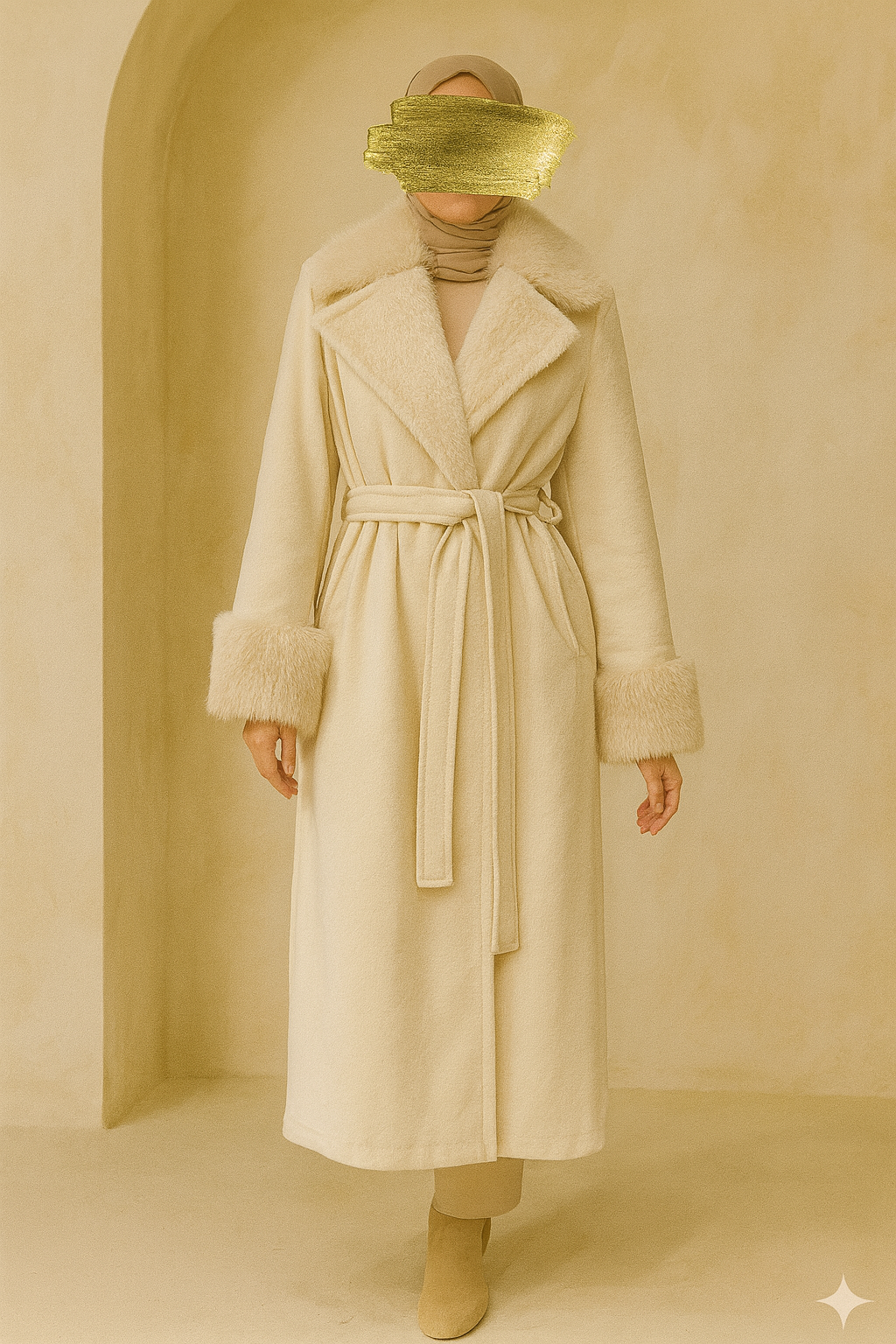 Luxuriöser Premium Wintermantel – Cremefarben, mit Fellkragen & Fellärmeln