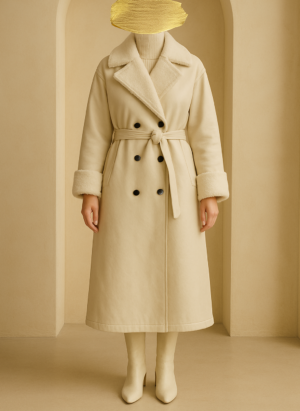 Wintermantel Cream – Teddykragen & Bindegürtel