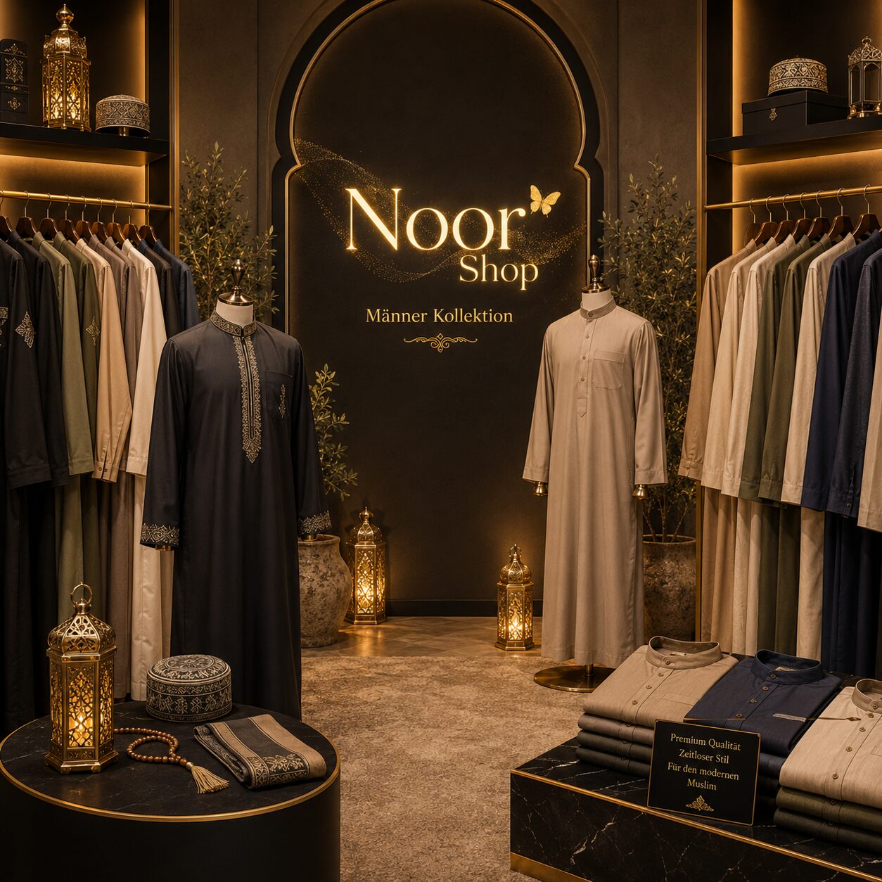 Mann trägt schwarzen Herren Thobe mit Stehkragen und Knopfleiste von Noor Shop und steht am Fenster eines eleganten Raumes